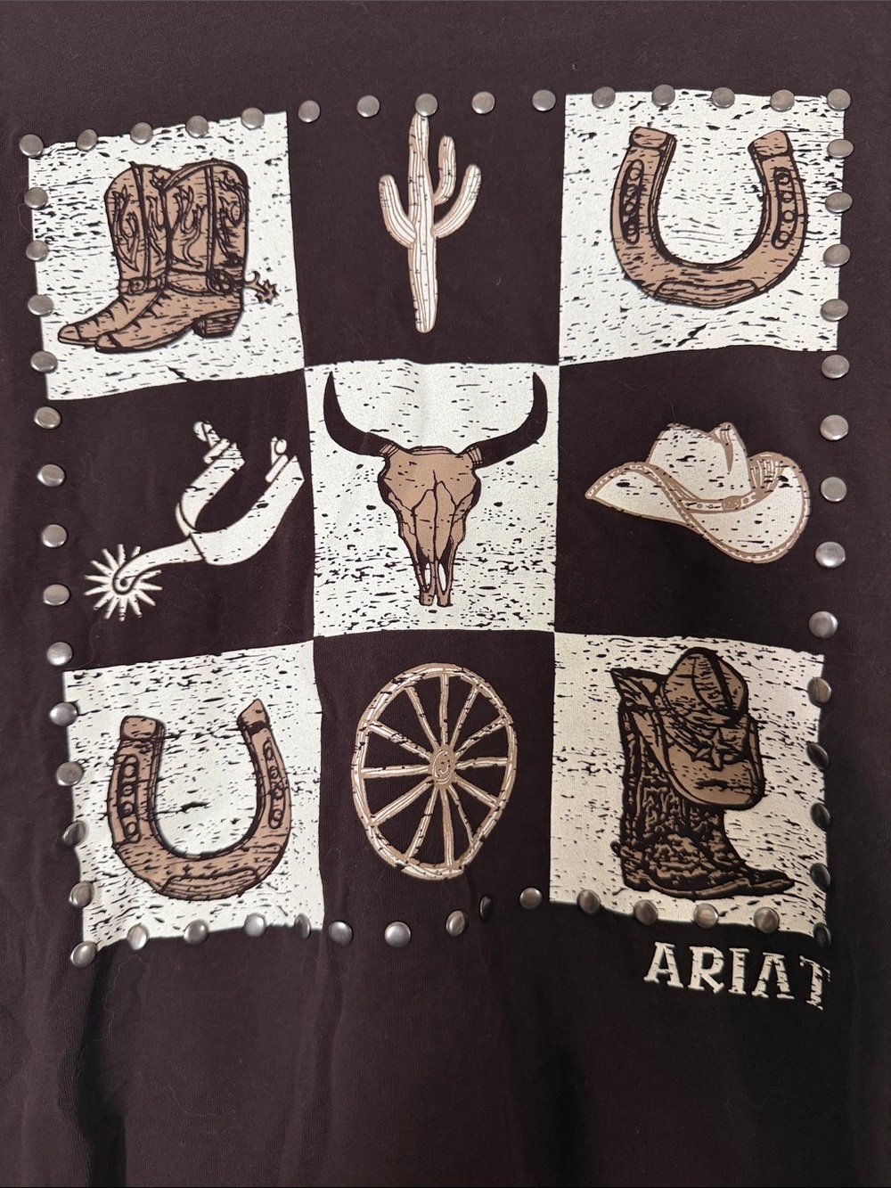 Ariat Checkered Boyfriend Fit Studded Dark Brown Western Icon Graphic Tee - Picture 3 of 7